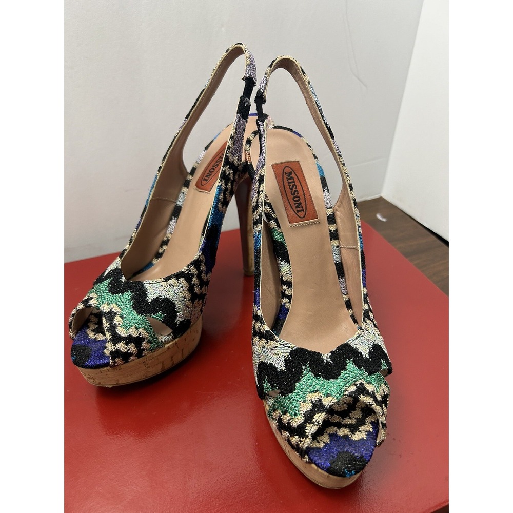 Missoni Slingback Platformβ Heels Womens 37.5 Multicolor Jacquard Peep Toe Italy